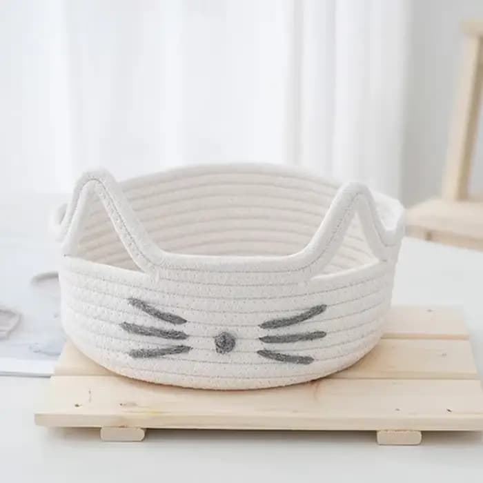 Panier de rangement tissé à la main en forme de chat de dessin animé, avec oreilles, jouets pour enf