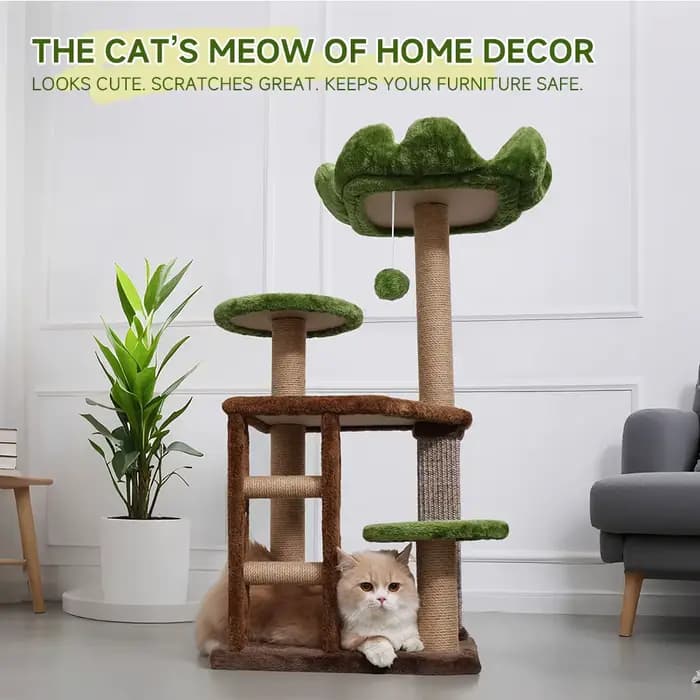 Arbre à chat moyen : Tour à chat multi-niveaux verte avec escalier, poteau à gratter et perchoir con