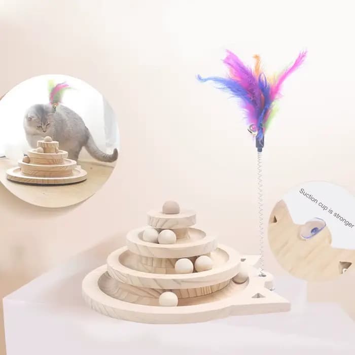 Jouet en bois pour chat de compagnie, 2/3 niveaux, tour de pistes, disque d'attractions d'intelligen
