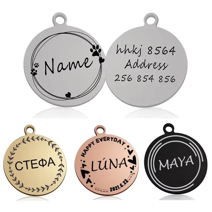 Collier personnalisé avec étiquette circulaire d'identification de chien et de chat, pendentif gravé