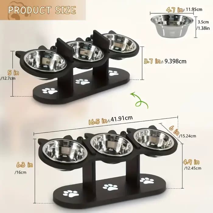Bol pour chat surélevé à 3 niveaux avec supports en bois et acier inoxydable, support réglable à ang