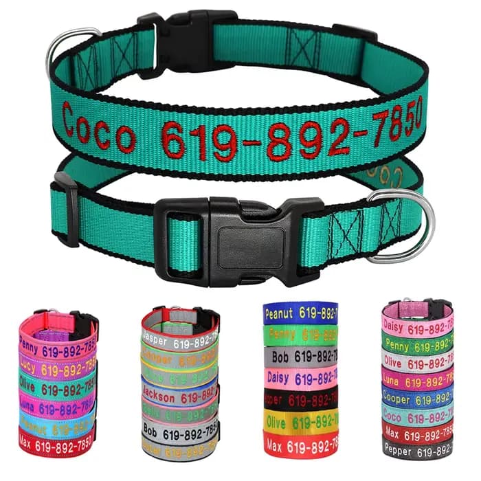 Collier de chien brodé en Nylon réglable, accessoires de nom d'identification personnalisé, colliers