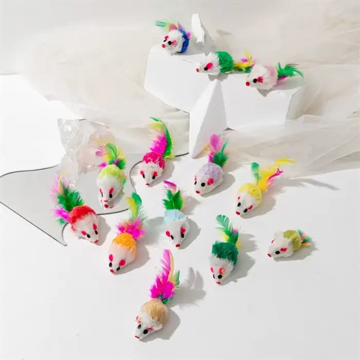 Jouets en fausse souris en polaire douce pour chat, 10 pièces, plumes colorées, jouets amusants pour