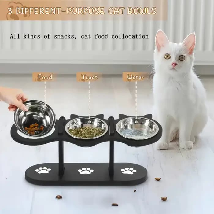 Bol pour chat surélevé à 3 niveaux avec supports en bois et acier inoxydable, support réglable à ang