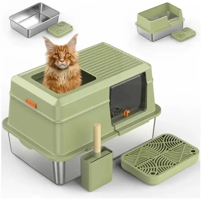 Bac à litière pour chat fermé en acier inoxydable vert avec couvercle, bac à litière en métal compre