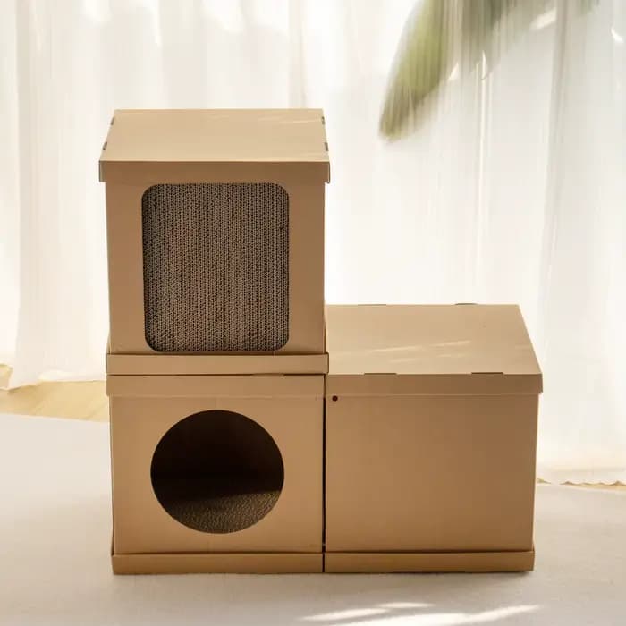 Arbre à chat interactif à gratter, boîte de bloc de construction, maison pour chat en carton