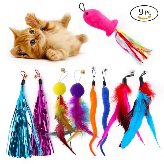 Tête de rechange en plumes colorées, bâton de chat amusant, pompon, plume, canne à pêche, ensemble d