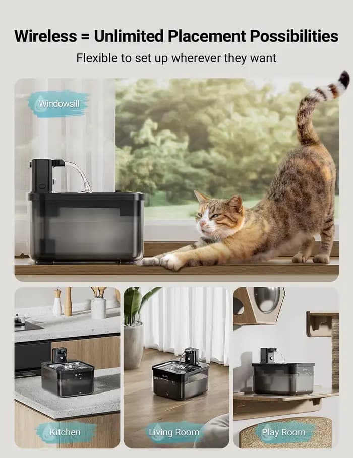 DownyPaws 2,5 L fontaine d'eau automatique en acier inoxydable pour chat 4000 mAh abreuvoir sans fil