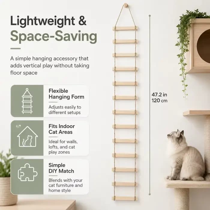 Pont-échelle pour chat en bois massif avec corde naturelle