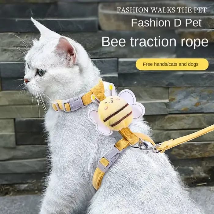 Ensemble de colliers de laisse pour chat, réglable, dessin animé abeille, Double couche, harnais pour chien, pour petits et moyens animaux de compagnie, laisse de marche en plein air