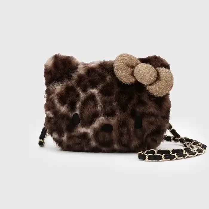 Sac bandoulière en peluche chaton de dessin animé mignon avec nœud, petite pochette de rangement pour cosmétiques, mini porte-monnaie polyvalent, organisateur, cadeaux jouets