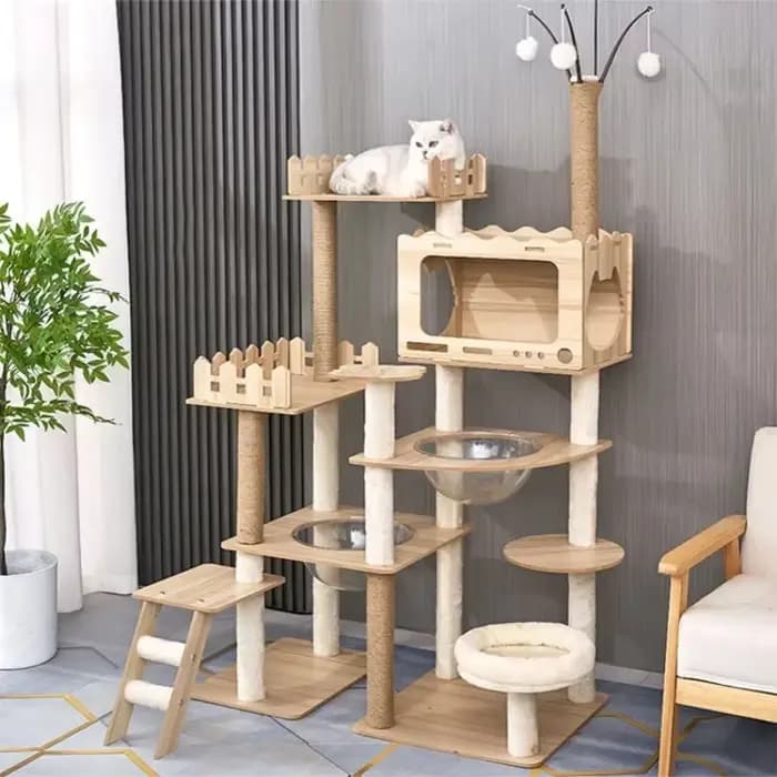 Grand arbre à chat en bois avec dosette spatiale