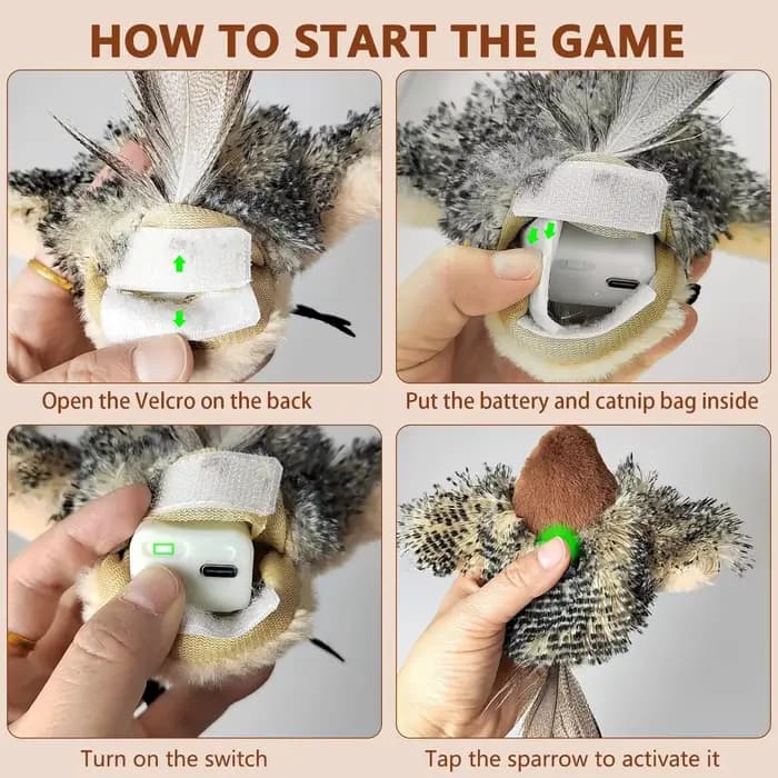 Jouet pour chat Flappy Bird Rechargeable télécommandé, moineau à battre interactif, activé par le contact, son de chirratation et herbe-aux-chats pour chats