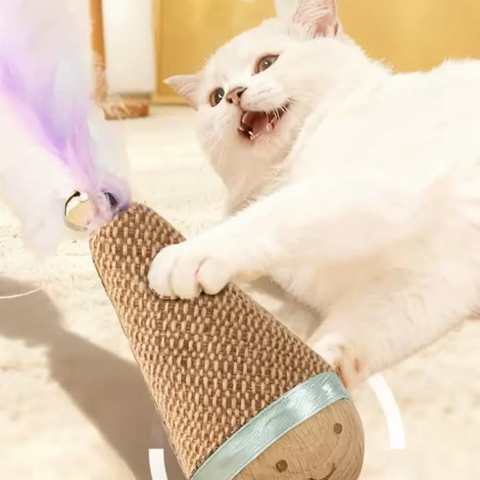 Jouet interactif pour chat : Tumbler Wobbler résistant aux morsures avec plumes et agave pour le nettoyage des dents – Fournitures pour animaux de compagnie