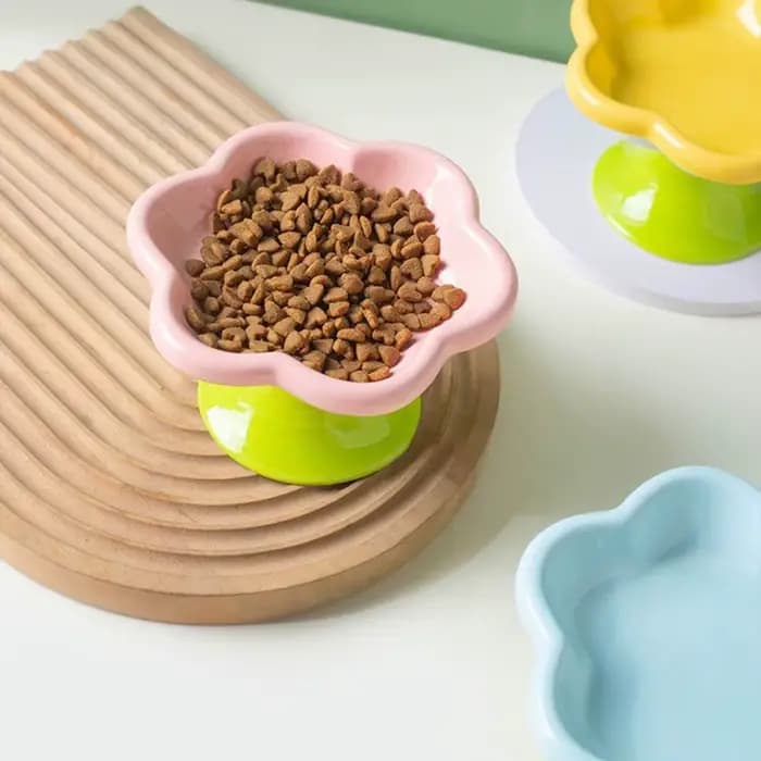 Gamelle en céramique pour chat avec motif floral et support