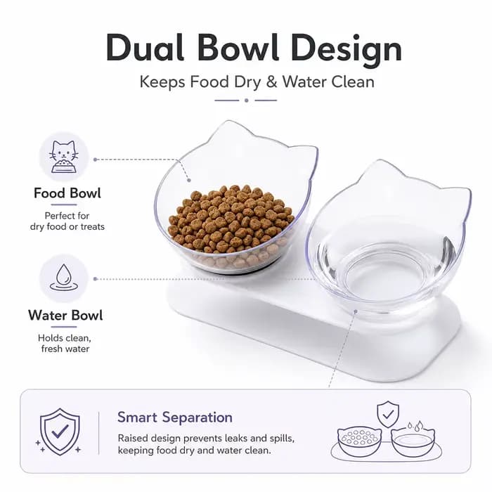 Double gamelle pour chat 15 ° Mangeoire surélevée inclinée pour animaux de compagnie avec support
