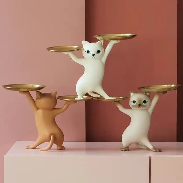 Statue de plateau de chat en résine de dessin animé
