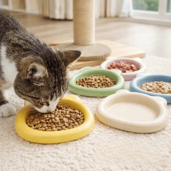 Ensemble de 2 bols peu profonds pour chat, anti-fatigue des poils, à rebord large et profil bas, pour nourriture et eau, design mignon pour chatons