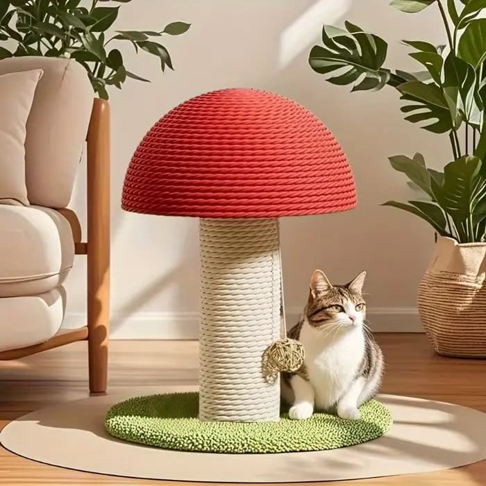 Poste à gratter pour chat en forme de champignon rouge avec tapis