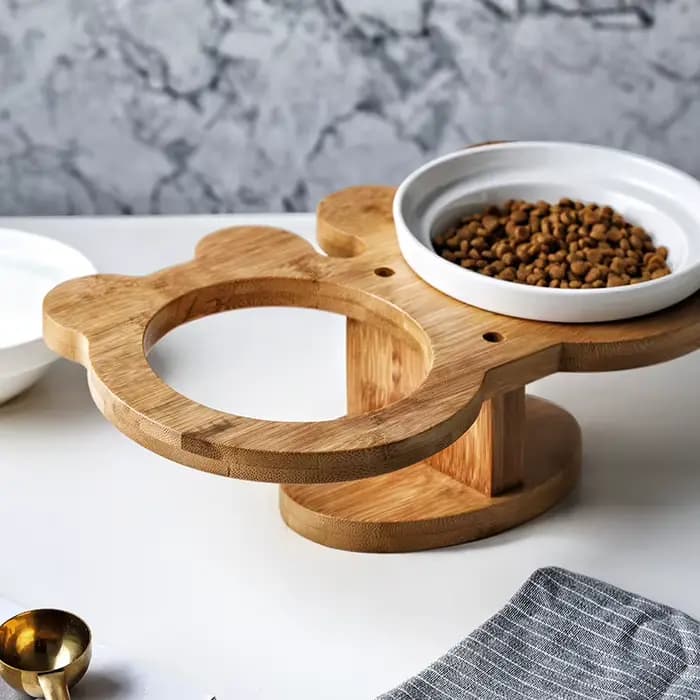 Nouveau Amboo bois céramique chat bol fournitures pour animaux de compagnie Double bols nourriture eau bol Protection