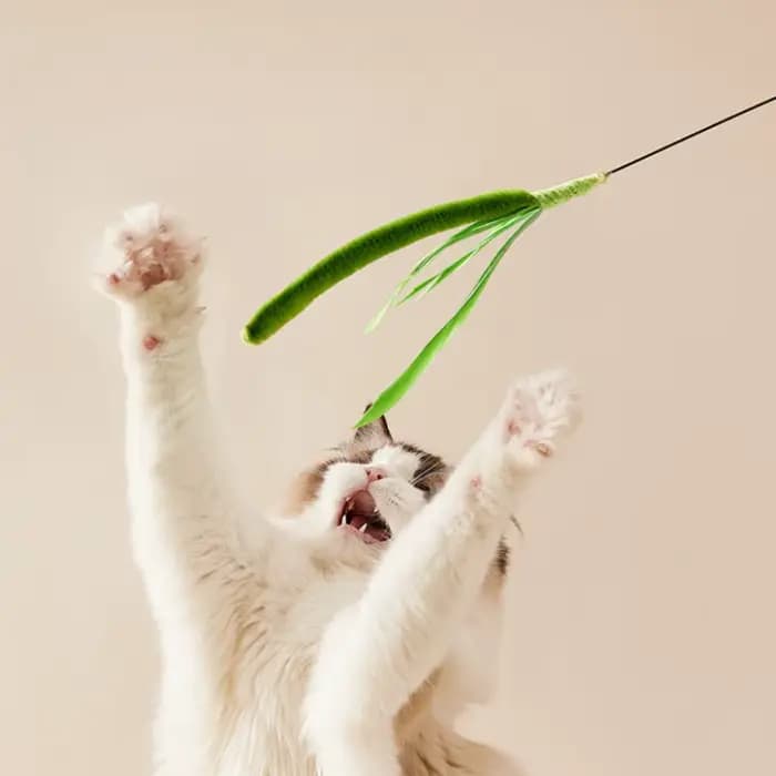 Jouet interactif pour chat : Baguette longue en acier durable avec plumes et fil