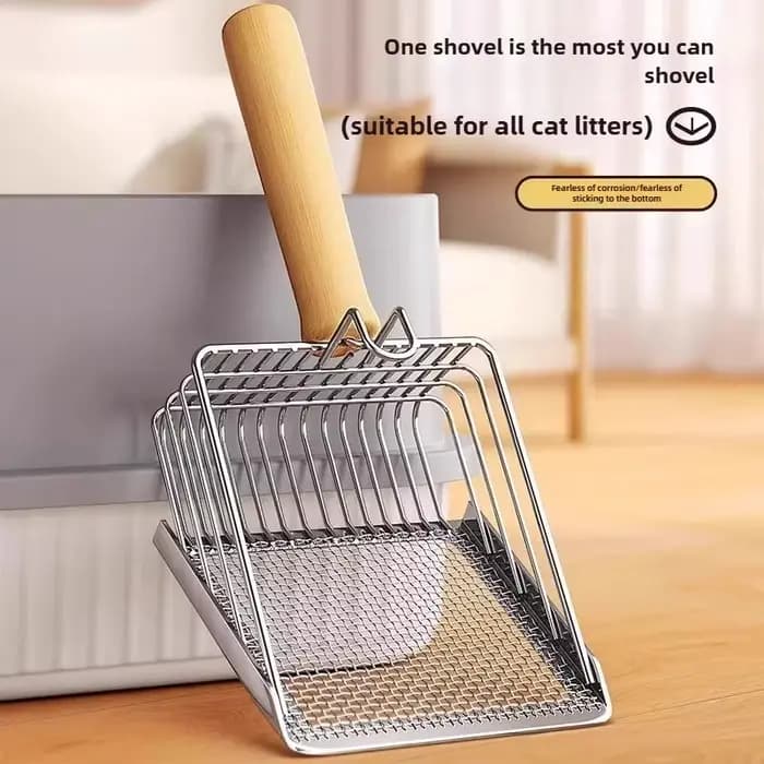 Pelle à litière pour chat avec manche en bois, pelle en métal avec crochet, outil de nettoyage portable en acier inoxydable pour toilettes de chatons, produits pour animaux de compagnie