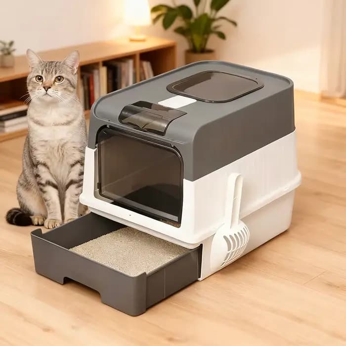 Grande litière pour chat pliable et fermée avec couvercle