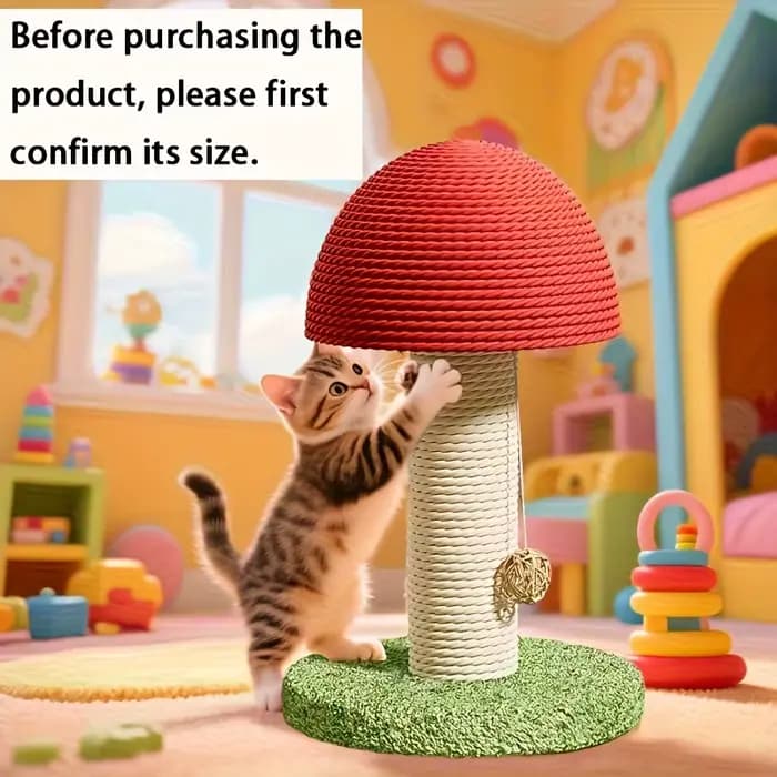 Poste à gratter pour chat en forme de champignon rouge avec tapis