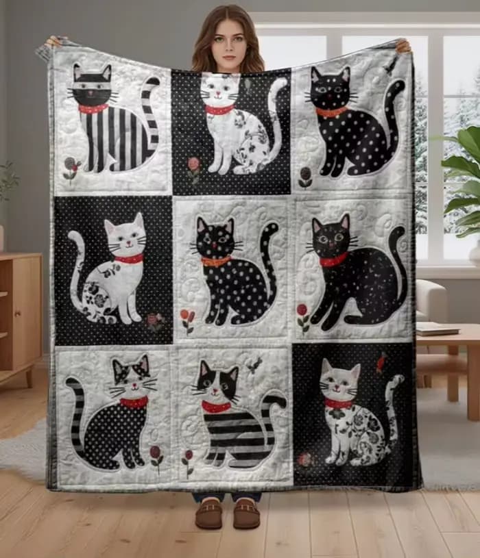 Couverture patchwork confortable pour chat avec des chats et des papillons