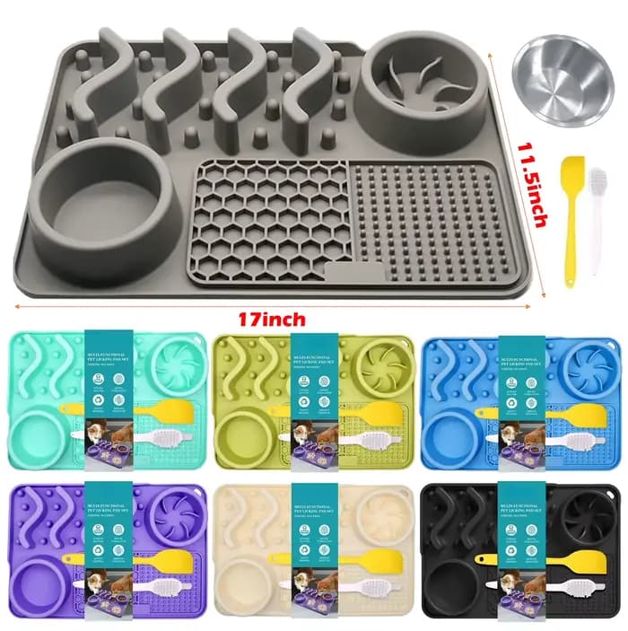 Tapis d'alimentation lente pour animaux de compagnie – Outil amélioré de soulagement de l'anxiété et de l'ennui en silicone non toxique (turquoise) avec bol en aluminium, 17 x 11 x 2 po