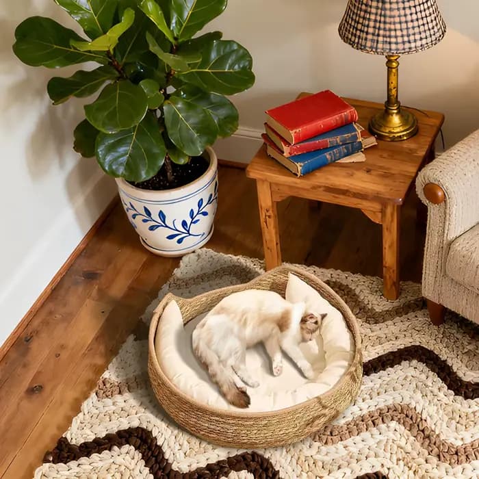 Panier-lit pour chat, coussin tissé à la main et tapis de repos