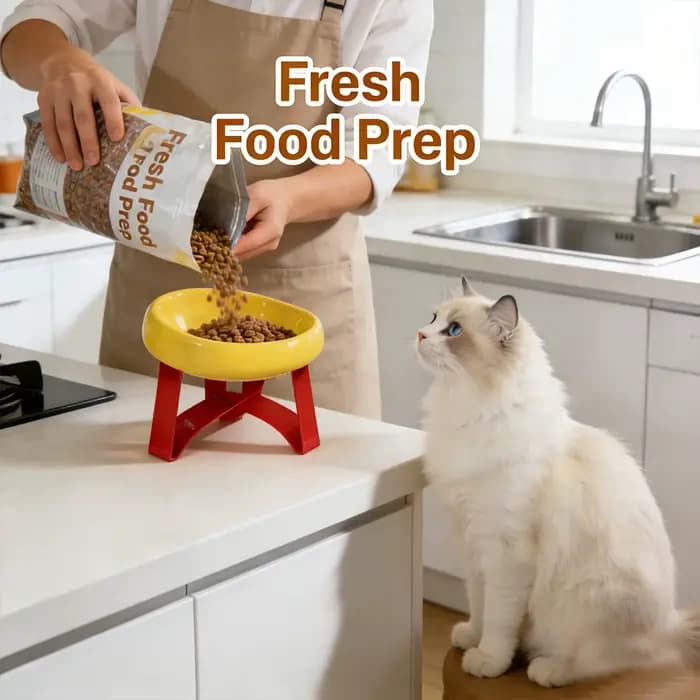 Bol en céramique surélevé pour chat avec support rouge en forme de T