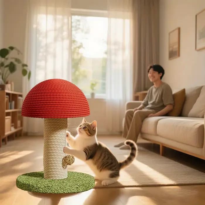 Poste à gratter pour chat en forme de champignon rouge avec tapis