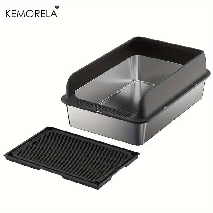 KEMORELA Extra grande bac à litière pour chat en acier inoxydable avec couvercle-litière fermée tapis