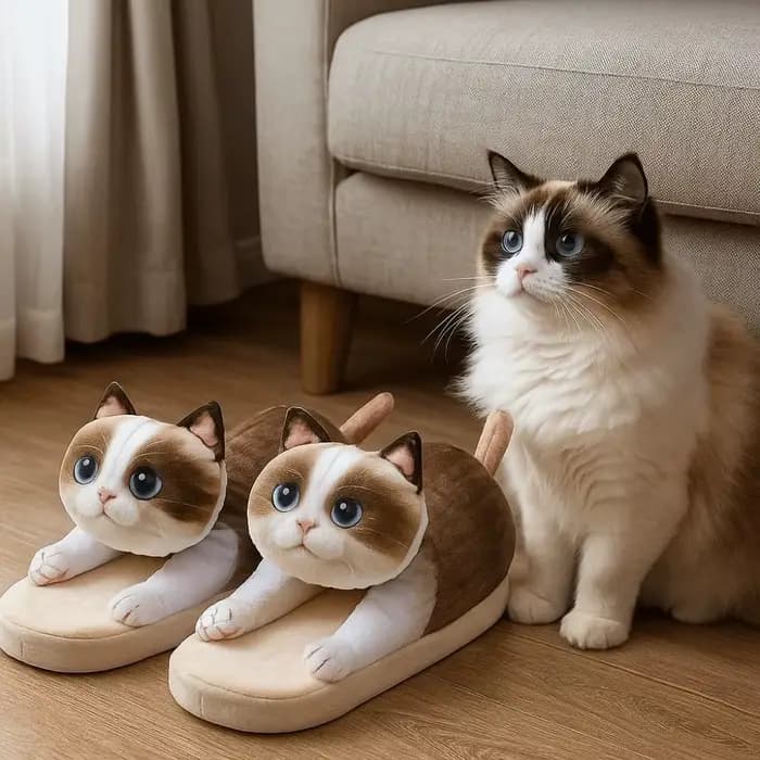 Ragdoll EVA chat étreignant pantoufles semelle épaisse doux en peluche Kitty pantoufles antidérapantes Animal hiver moelleux diapositives chambre
