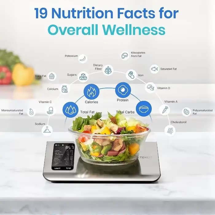 Balance alimentaire intelligente en acier inoxydable avec application gratuite et suivi de 19 nutriments