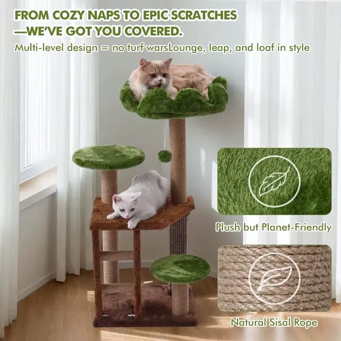 Arbre à chat moyen : Tour à chat multi-niveaux verte avec escalier