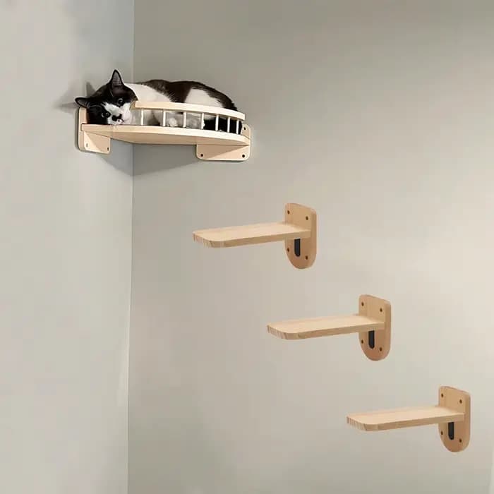 Étagère d'angle pour chat avec 3 marches, ensemble de perchoirs muraux pour lit de chat, hamac pour dormir, escalade, grattage, meubles en bois pour animaux de compagnie