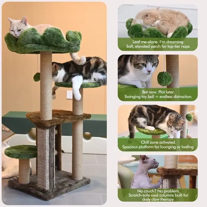 Arbre à chat moyen : Tour à chat multi-niveaux verte avec escalier