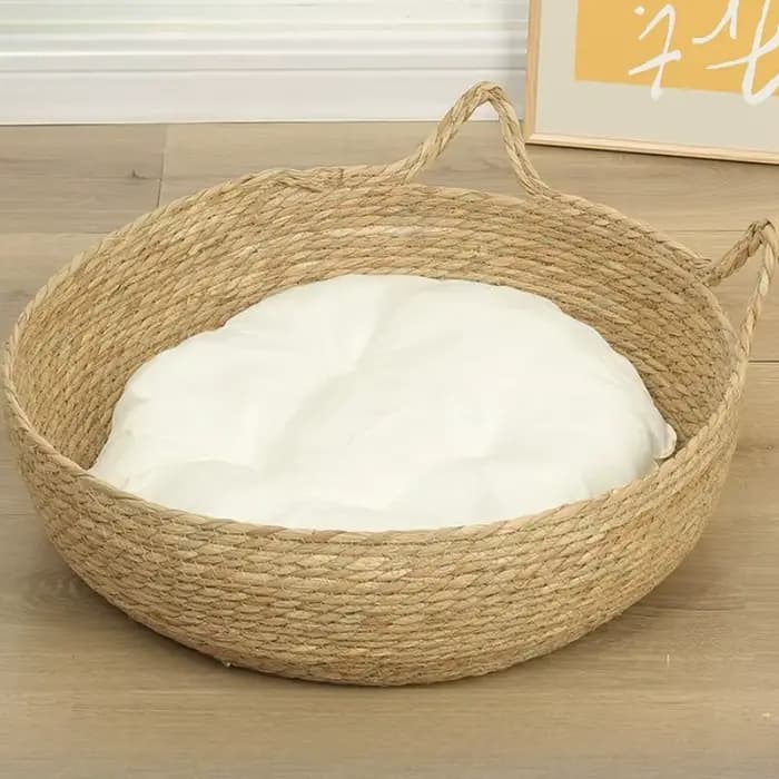 Panier-lit pour chat en rotin tressé d'été avec coussin moelleux