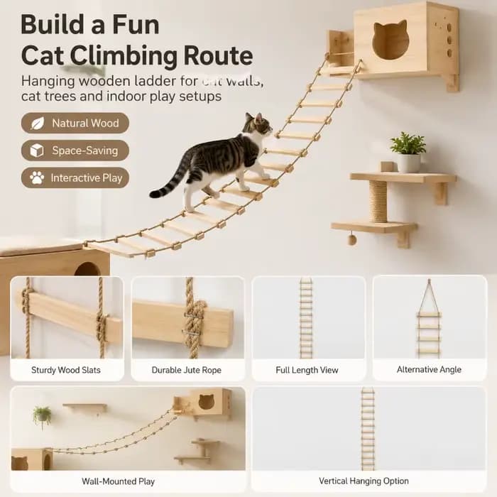 Pont-échelle pour chat en bois massif avec corde naturelle