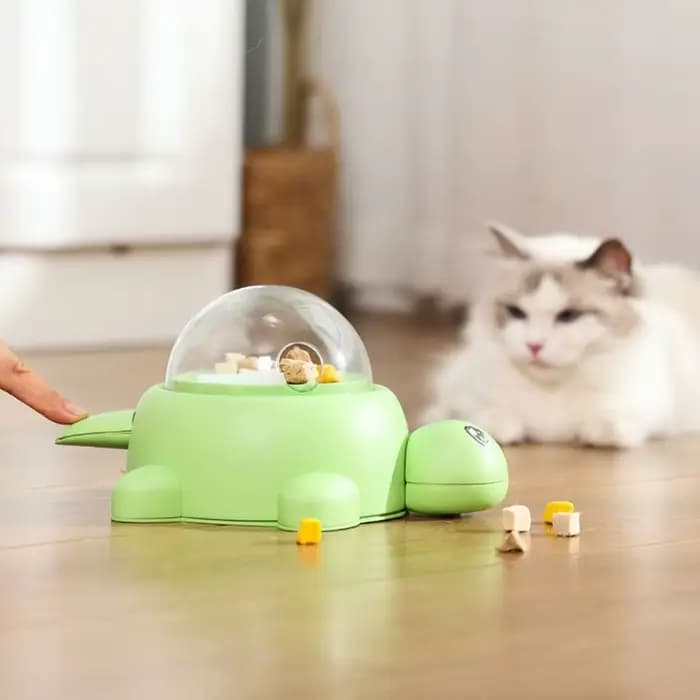 Distributeur de friandises pour chat en forme de tortue verte avec fenêtre transparente et 3 couvercles