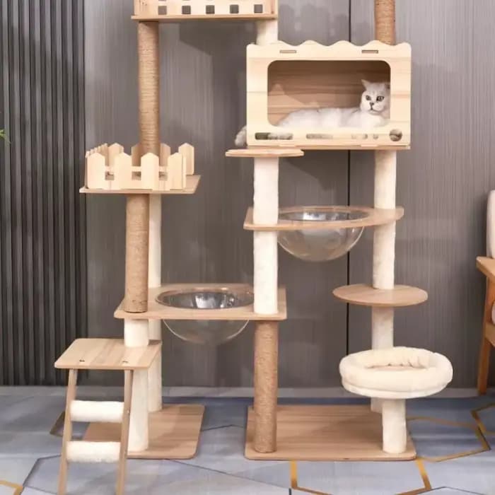 Tour à chat Durable à plusieurs niveaux, grand arbre à chat en bois avec dosette spatiale et postes à gratter, meubles et jouets d'intérieur pratiques pour chats