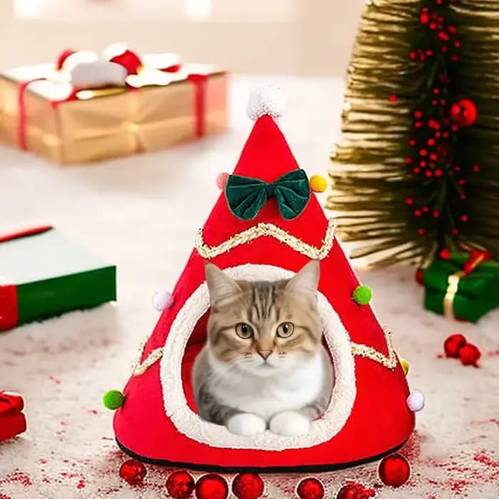 Nid de chat semi-fermé en forme d'arbre de Noël pour animaux de compagnie