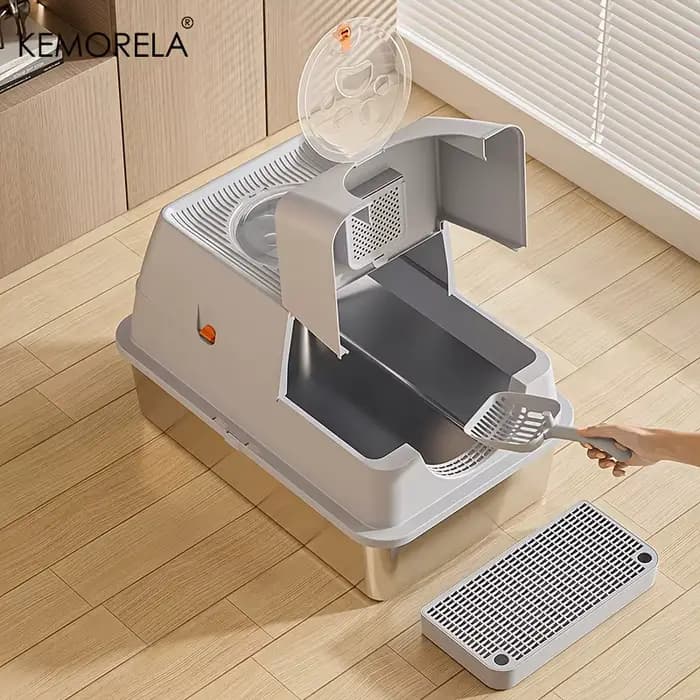 KEMORELA Bac à litière pour chat en acier inoxydable avec couvercle – Conception haute face fermée anti-odeur avec cuillère anti-fuite et facile à nettoyer