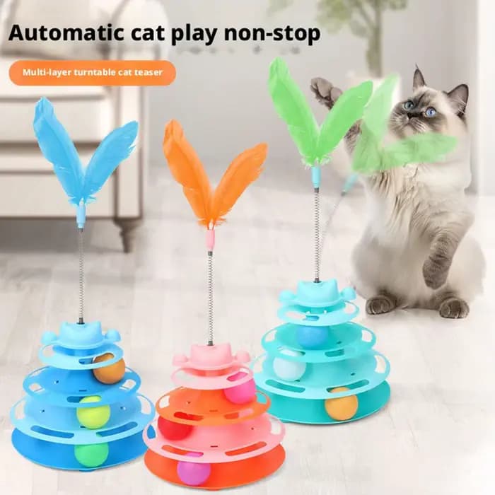 Jouet interactif pour chat : Tour de jeu avec boule tournante, piste à billes et plumes pour chatons – Fournitures d'entraînement pour animaux de compagnie