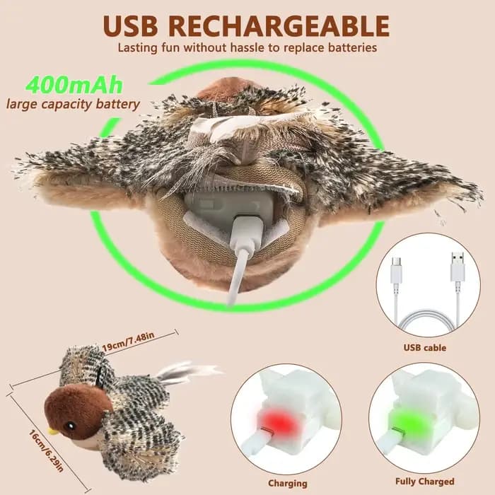 Jouet pour chat Flappy Bird Rechargeable télécommandé, moineau à battre interactif, activé par le contact, son de chirratation et herbe-aux-chats pour chats