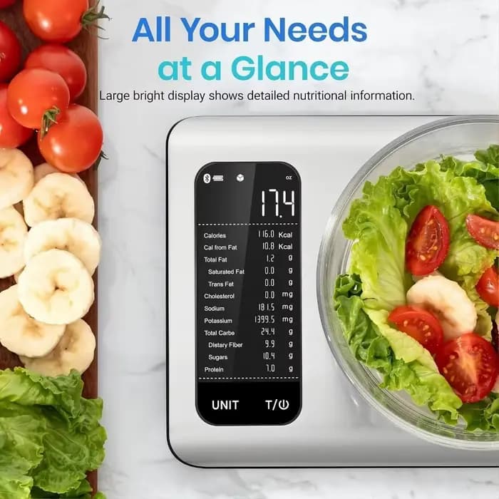 Balance alimentaire intelligente en acier inoxydable avec application gratuite et suivi de 19 nutriments