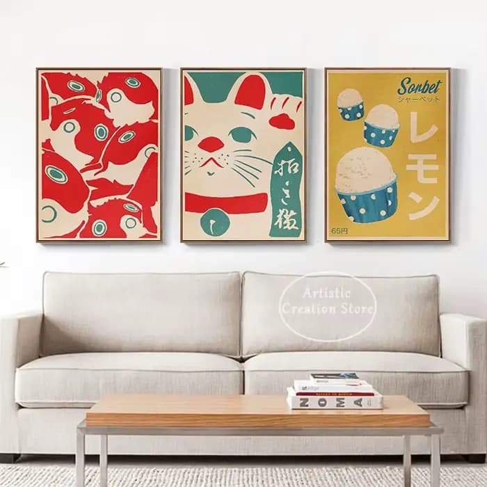 Affiche de peinture sur toile de chat porte-bonheur au lait japonais