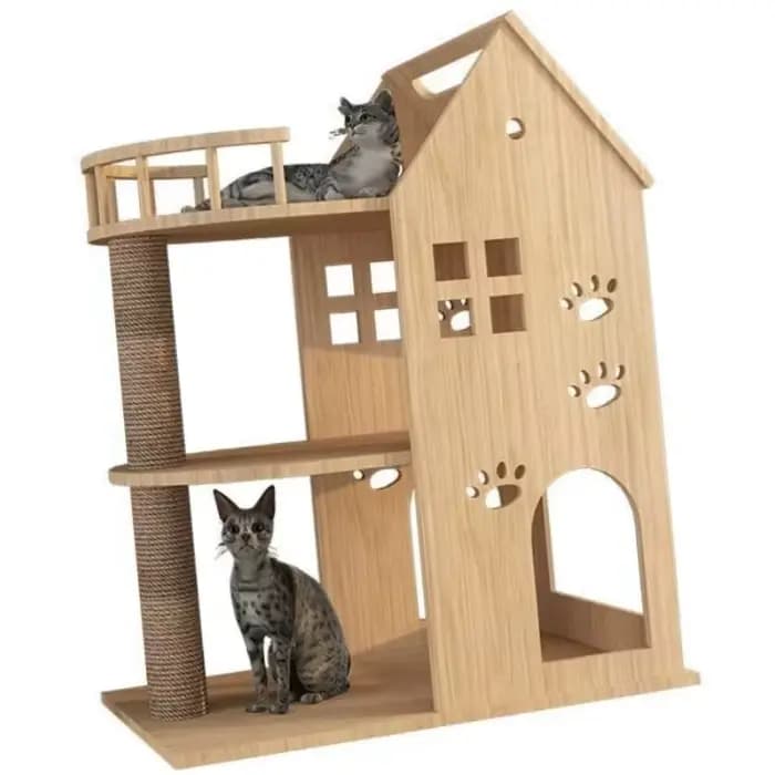 Arbre à chat en bois massif intégré à une villa pour animaux de compagnie et un lit